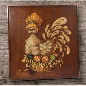 Signed Chicken Hen Art Wooden Wall Hand Painted Country Granny Core Plaque Vtg